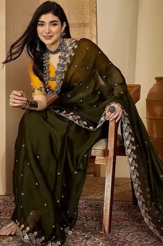 Olive embroidered party saree with blouse