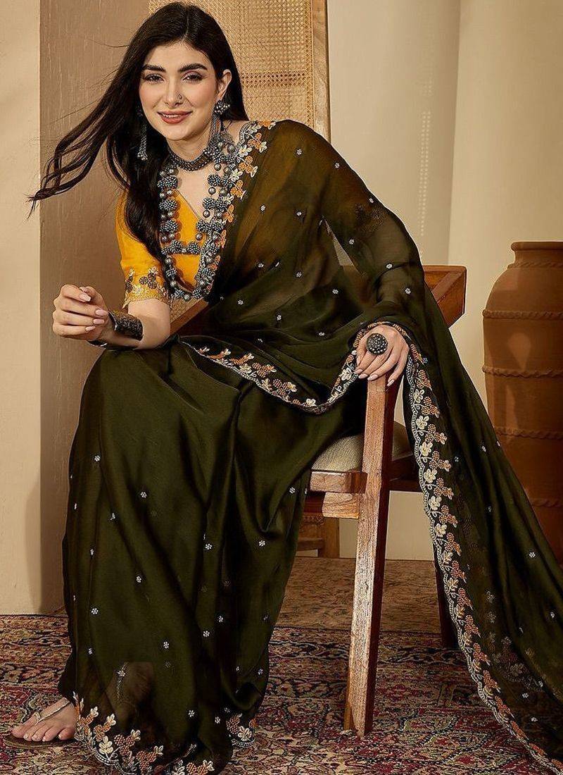 Olive embroidered party saree with blouse