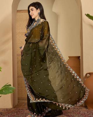 Olive embroidered party saree with blouse 2