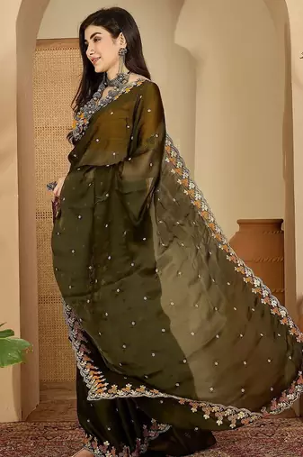 Olive embroidered party saree with blouse