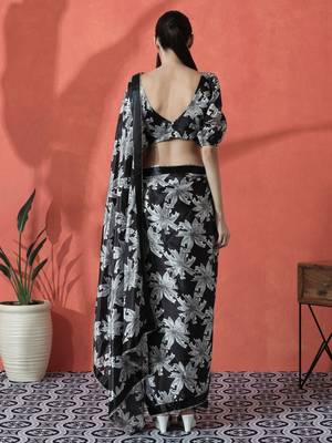 Black satin floral printed embellished printed mirror work ready to wear saree 3
