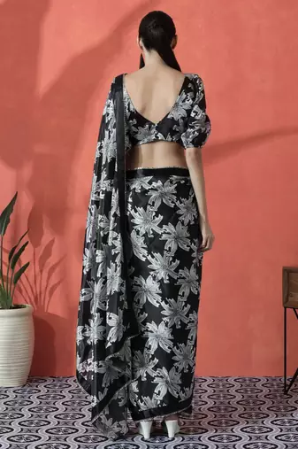 Black satin floral printed embellished printed mirror work ready to wear saree