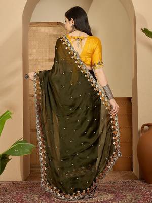 Olive embroidered party saree with blouse 3