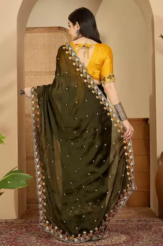 Olive embroidered party saree with blouse