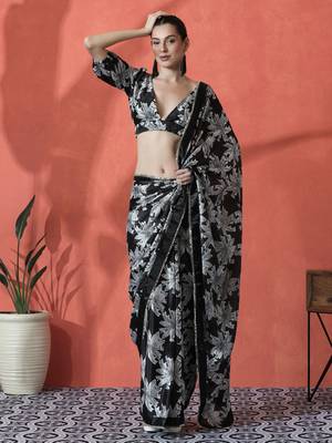 Black satin floral printed embellished printed mirror work ready to wear saree 4