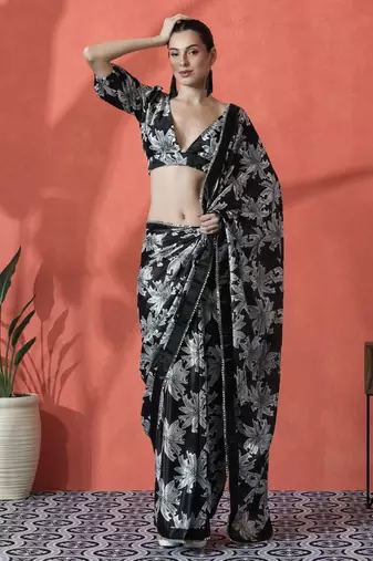 Black satin floral printed embellished printed mirror work ready to wear saree