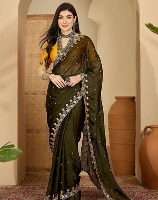 Olive embroidered party saree with blouse 4
