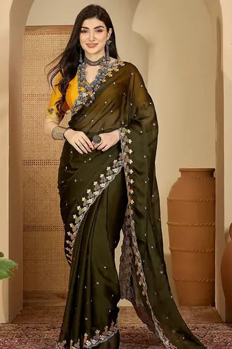Olive embroidered party saree with blouse