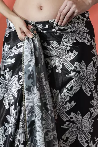 Black satin floral printed embellished printed mirror work ready to wear saree