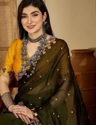 Olive embroidered party saree with blouse 5