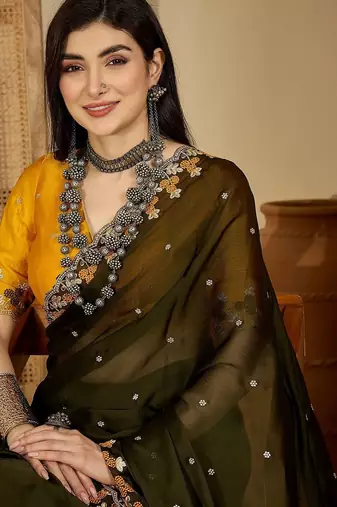 Olive embroidered party saree with blouse