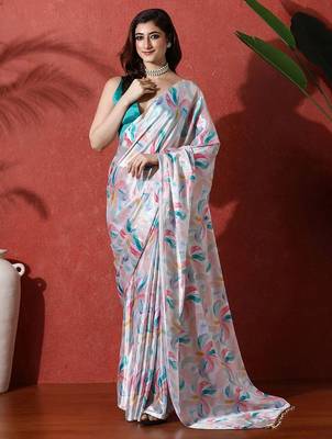 Grey ready to wear satin floral digital printed saree 1