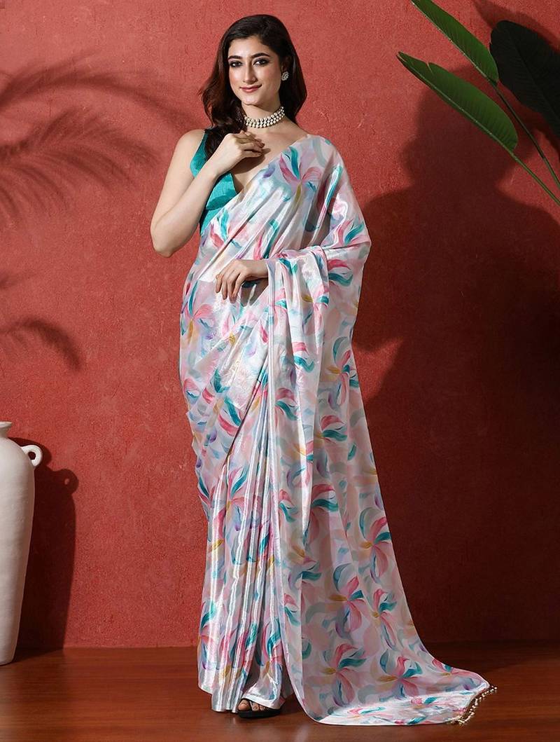 Grey ready to wear satin floral digital printed saree