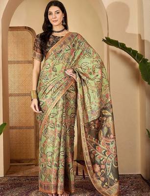 Multicolor floral printed  linen saree with tassels & unstithced blouse piece 1
