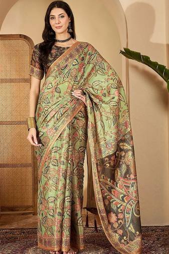 Multicolor floral printed  linen saree with tassels & unstithced blouse piece