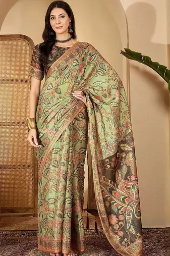 Multicolor floral printed  linen saree with tassels & unstithced blouse piece
