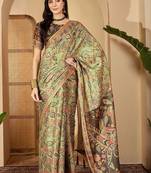 Multicolor floral printed  linen saree with tassels & unstithced blouse piece