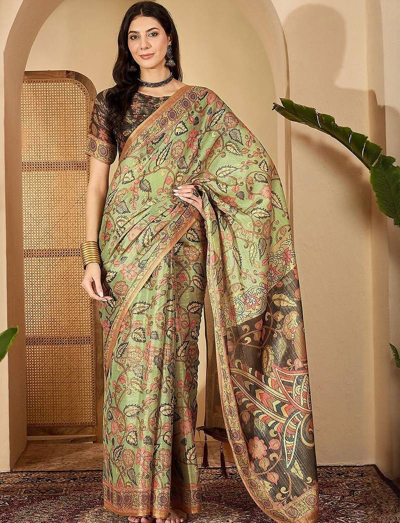 Multicolor floral printed  linen saree with tassels & unstithced blouse piece
