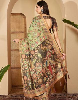 Multicolor floral printed  linen saree with tassels & unstithced blouse piece 2
