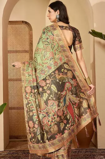 Multicolor floral printed  linen saree with tassels & unstithced blouse piece