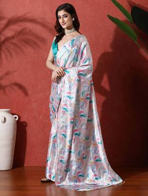 Grey ready to wear satin floral digital printed saree 2