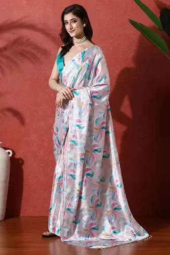 Grey ready to wear satin floral digital printed saree