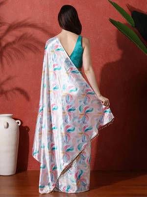 Grey ready to wear satin floral digital printed saree 3