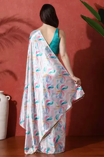 Grey ready to wear satin floral digital printed saree