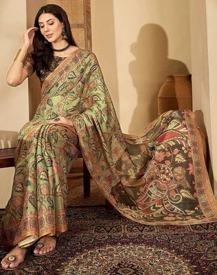 Multicolor floral printed  linen saree with tassels & unstithced blouse piece 3