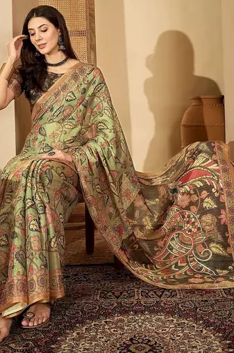 Multicolor floral printed  linen saree with tassels & unstithced blouse piece