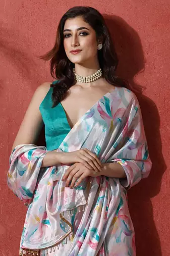 Grey ready to wear satin floral digital printed saree