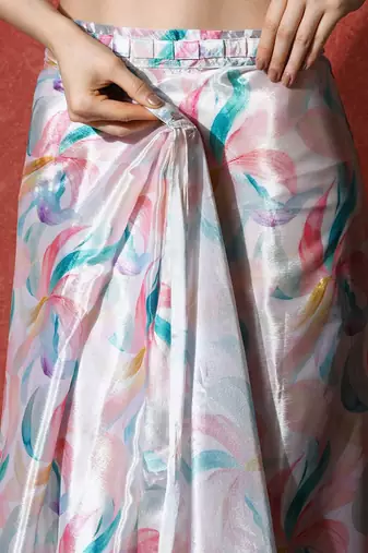 Grey ready to wear satin floral digital printed saree
