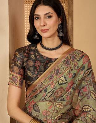 Multicolor floral printed  linen saree with tassels & unstithced blouse piece 4