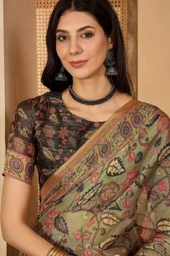 Multicolor floral printed  linen saree with tassels & unstithced blouse piece