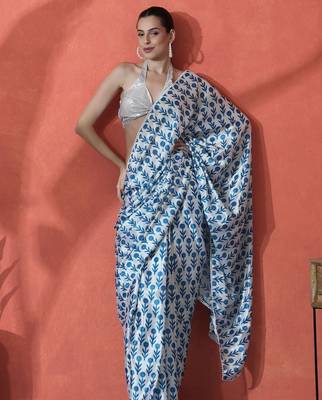 Blue ready to wear satin floral digital printed saree 1