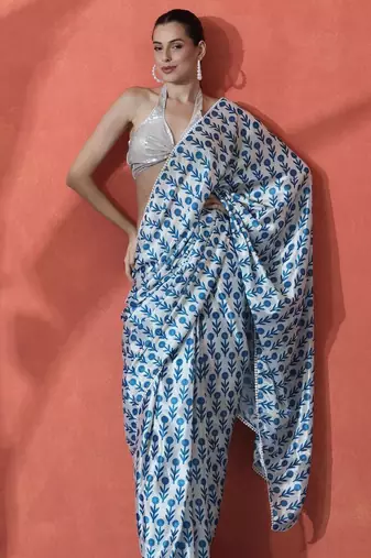 Blue ready to wear satin floral digital printed saree