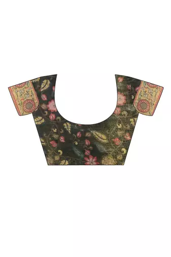 Multicolor floral printed  linen saree with tassels & unstithced blouse piece