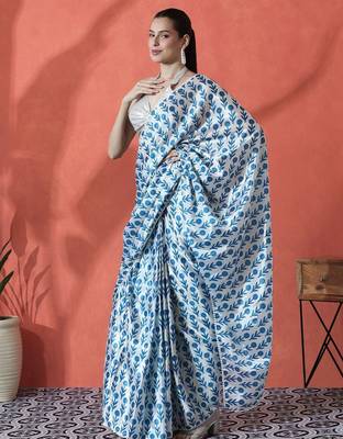 Blue ready to wear satin floral digital printed saree 2