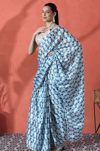 Blue ready to wear satin floral digital printed saree