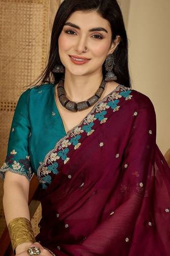 Purple women embroidered party sarees with blouse