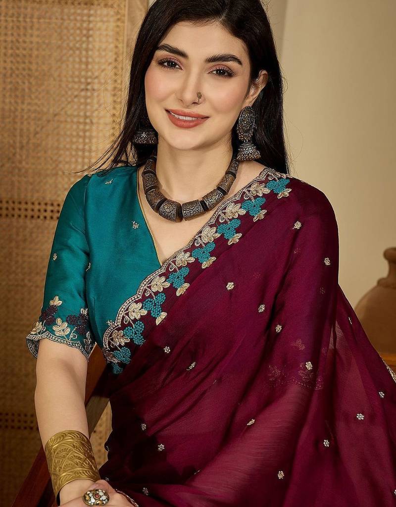 Purple women embroidered party sarees with blouse