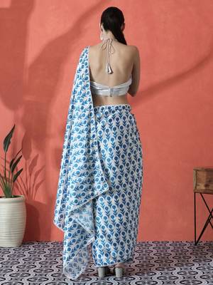 Blue ready to wear satin floral digital printed saree 3