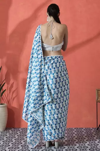 Blue ready to wear satin floral digital printed saree