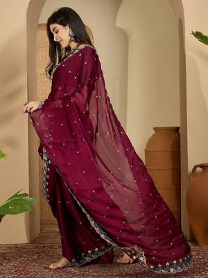 Purple women embroidered party sarees with blouse 2