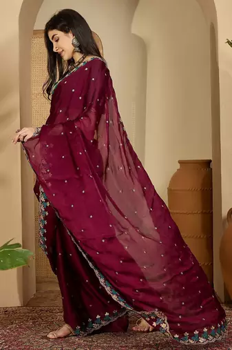 Purple women embroidered party sarees with blouse