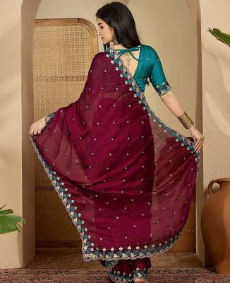 Purple women embroidered party sarees with blouse 3