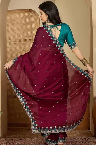 Purple women embroidered party sarees with blouse