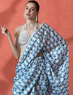 Blue ready to wear satin floral digital printed saree 4
