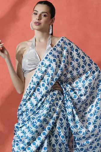 Blue ready to wear satin floral digital printed saree
