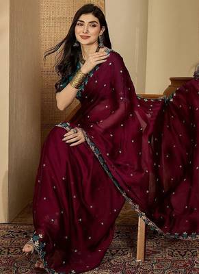 Purple women embroidered party sarees with blouse 4